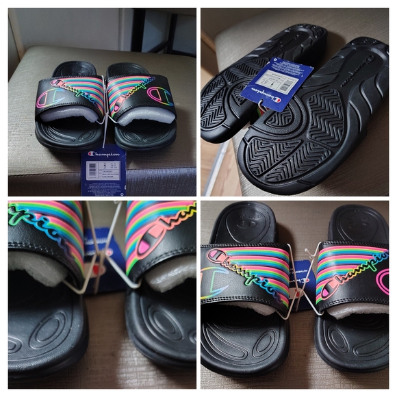 Champion Black Slide Sandals with Rainbow Logo - Picture 1 of 5